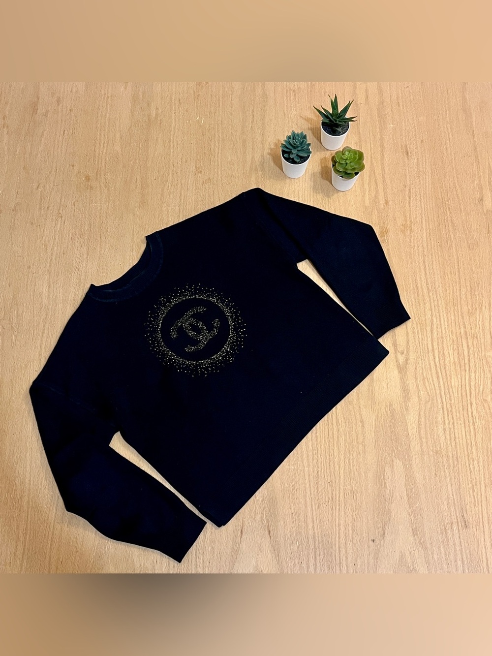 CHANEL Employee Uniform CC Halo Knit Wool / Cotton Crew Neck Black Sweater
